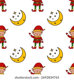 Charming vector pattern featuring playful elves and crescent moons with stars, perfect for festive holiday designs.