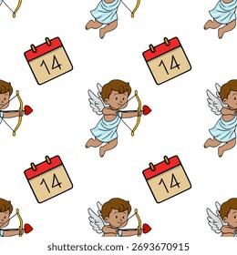 Charming vector pattern featuring a playful cupid with bow and arrow, aiming at a heart-shaped arrow, next to a calendar marked with the 14th, perfect for Valentine's Day celebrations.