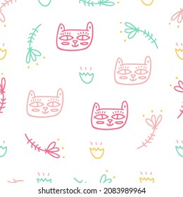 Charming vector pattern with pink kittens and flowers on a white background. Cute abstract children's scandinavian-style doodles for textiles, fabric, print, wrappers, gifts, greetings, for children