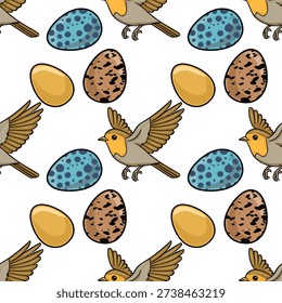 Charming vector pattern of robins and speckled eggs, perfect for spring and Easter themes.