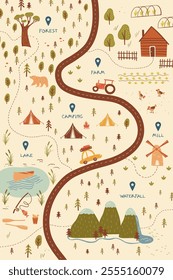 Charming vector poster immersing into wanderlust mood of local trail, featuring natural scenery in artistic flat style. Capturing outdoor adventures trees, mountains, lake, farm, animals, and roads.