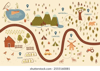 Charming vector poster immersing into wanderlust mood of local trailing, featuring natural scenery in artistic flat style. Includes elements like trees, mountains, lake, farm, animals, and roads.