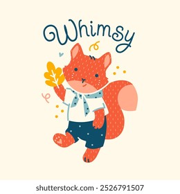 Charming vector print of a cute, whimsical squirrel with fall leave, styled in a playful Scandinavian design. The fun animal baby character brings warmth and the essence of autumn