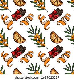 A charming vector repeating pattern featuring vibrant sea buckthorn berries, citrus fruit slices, cinnamon sticks with red bows, and spiraled orange peels, perfect for festive culinary or natural t...