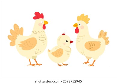 Charming vector rooster, hen, and chick on white background. Cute kids - friendly illustration in farm life cartoon character concept. For characters of children's books, stories, comics.