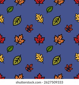 A charming vector seamless pattern featuring a delightful mix of autumn leaves in warm, vibrant colors against a sophisticated deep blue backdrop, perfect for fall-themed designs.