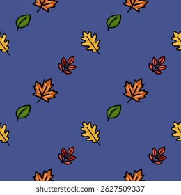 A charming vector seamless pattern featuring a playful arrangement of stylized autumn leaves in warm orange, yellow, and green hues against a deep blue background, perfect for fall-themed designs.