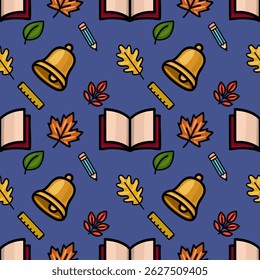 A charming vector seamless pattern featuring school supplies like a bell, pencil, ruler, and open book, playfully interspersed with autumn leaves on a deep blue background, creating a cheerful