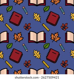A charming vector seamless pattern featuring autumn leaves and school supplies, creating a cheerful back-to-school design with a playful, hand-drawn style and a vibrant color palette.
