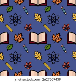A charming vector seamless pattern featuring autumn leaves, open books, pencils, rulers, and atom symbols, creating a playful back-to-school design on a deep blue background.