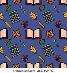 A charming vector seamless pattern featuring autumn leaves, school supplies like calculators, pencils, rulers, and open books, creating a playful back-to-school design on a deep blue background.