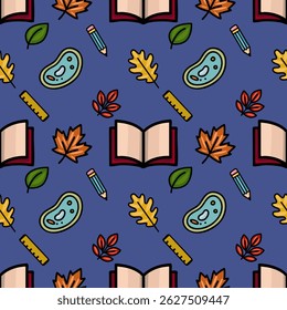 A charming vector seamless pattern featuring autumn leaves, open books, pencils, rulers, and stylized cell diagrams, creating a playful back-to-school or autumnal design.