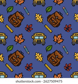 A charming vector seamless pattern featuring a school bus, backpacks, autumn leaves, pencils, and rulers, creating a playful back-to-school design on a deep blue background.
