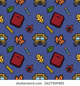 A charming vector seamless pattern featuring a whimsical back-to-school theme, incorporating school bus icons, autumn leaves, notebooks, pencils, and rulers, all rendered in a vibrant, flat-style