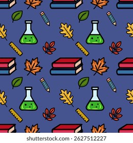 A charming vector seamless pattern featuring a playful mix of autumn leaves, school supplies, and science beakers on a deep blue background, creating a vibrant back-to-school or autumnal design.