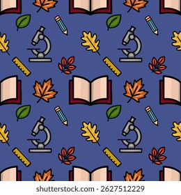 A charming vector seamless pattern featuring autumn leaves, an open book, a microscope, a pencil, and a ruler, all rendered in a vibrant, hand-drawn style against a deep blue backdrop.