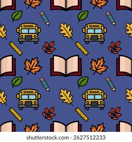A charming vector seamless pattern featuring a school bus, open books, autumn leaves, pencils, and rulers, creating a playful back-to-school design on a deep blue background.