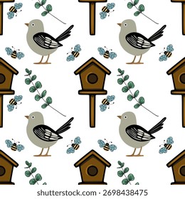Padrão sem emenda de vetor encantador com pássaros bonitos, abelhas voadoras e delicados ramos de eucalipto em torno de uma casa de passarinho de madeira, evocando uma cena de jardim caprichoso.