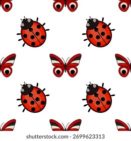 Charming vector seamless pattern featuring adorable ladybugs and stylized butterflies with red, black, and cream accents on a clean white background.