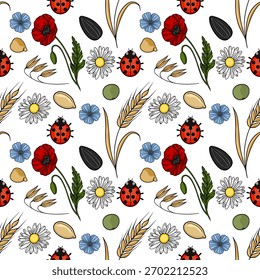 Charming vector seamless pattern of ladybugs, poppies, daisies, flax flowers, wheat ears, sunflower seeds, and peas, evoking a vibrant, natural summer garden theme.