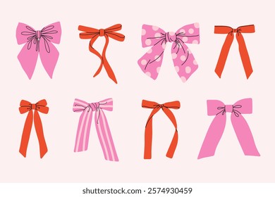 A charming vector set of decorative bows in pink and red tones. This collection includes eight unique bow designs, featuring solid colors, polka dots, and striped patterns. Perfect for gift wrapping