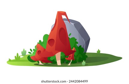 A charming vector set depicting three red mushrooms with curved caps among rocks and grass. Perfect for a fantasy game with a touch of magic in each illustration.