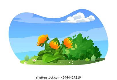 A charming vector set depicting three yellow-orange magical flowers among grass and bushes against the sky. Create a fabulous forest atmosphere for mystical design purposes.