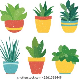 A charming vector set featuring various potted houseplants. Ideal for home decor designs, posters, packaging, cards, and more.