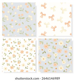 Um charmoso conjunto vetorial de quatro padrões sem costura em cores pastel macio, com flores desenhadas à mão, arcos e bagas. Ideal para tecidos de bebê, artigos de papelaria, envoltório de presente e desenhos de fundo suaves.