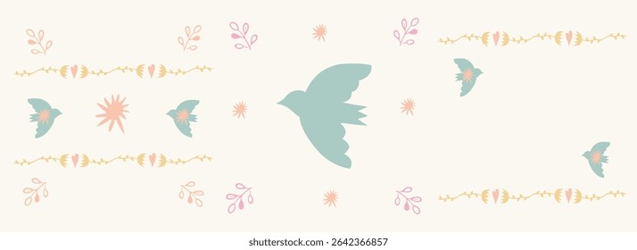A charming vector set of minimalist, hand-drawn elements inspired by nature, featuring stylized flying birds, delicate foliage, and tiny stars. With a soft and soothing color palette, these versatile 