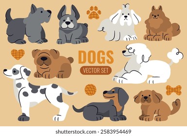 Charming vector set of various dog breeds in a cute, cartoon style. Playful, and versatile illustration pack.