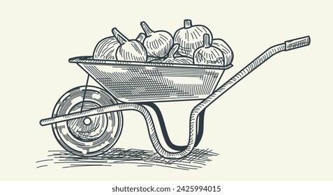 Charming vector sketch of a cart laden with a bountiful harvest of pumpkins. This illustration captures the rustic beauty of autumn, showcasing the abundance of nature in a nostalgic and quaint scene