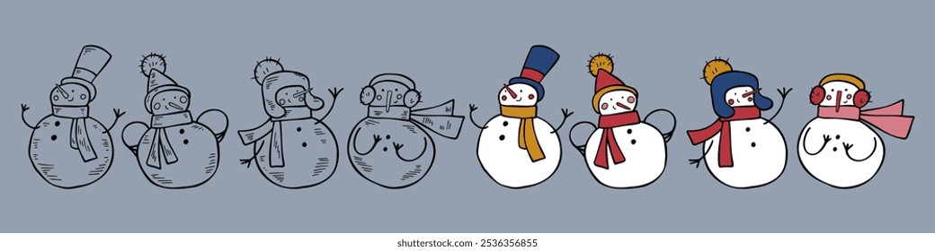 Charming vector snowmen illustrations in a cute, simple style with minimal colors. Each snowman is unique with festive details, perfect for holiday cards, winter decor, and seasonal projects.
