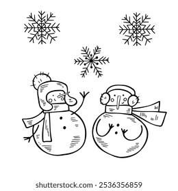 Charmosas ilustrações de bonecos de neve vetorial em um estilo bonito e simples com cores mínimas. Cada boneco de neve é único com detalhes festivos, perfeito para cartões de férias, decoração de inverno e projetos sazonais.