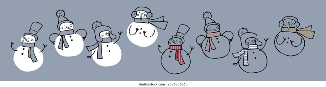 Charming vector snowmen illustrations in a cute, simple style with minimal colors. Each snowman is unique with festive details, perfect for holiday cards, winter decor, and seasonal projects.