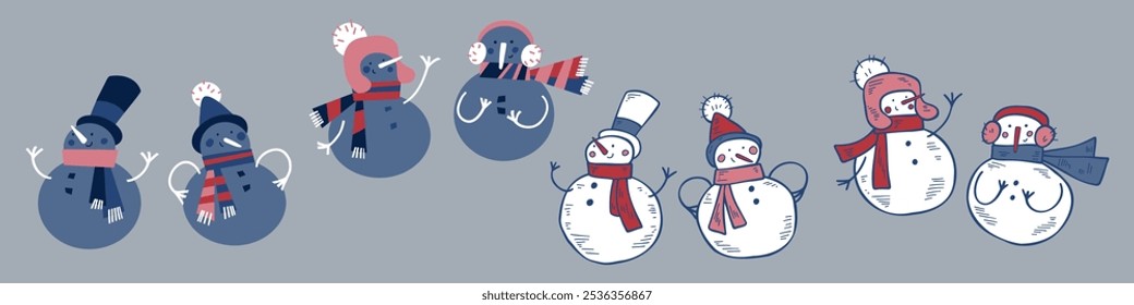 Charming vector snowmen illustrations in a cute, simple style with minimal colors. Each snowman is unique with festive details, perfect for holiday cards, winter decor, and seasonal projects.