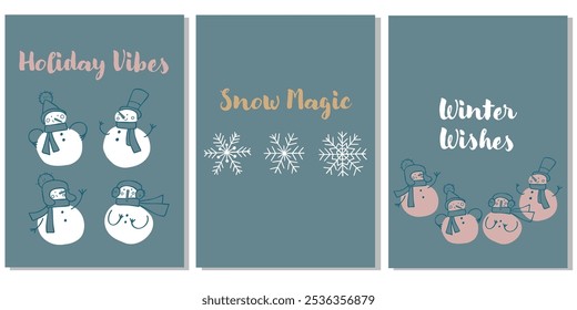 Charming vector snowmen illustrations in a cute, simple style with minimal colors. Each snowman is unique with festive details, perfect for holiday cards, winter decor, and seasonal projects.