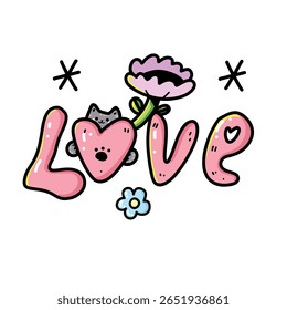 Encantador vetor adesivo com amor, gato bonito com flores e corações. Ilustração expressa amor e alegria, perfeito para os namorados ou decoração romântica.