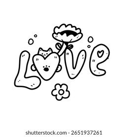 Encantador vetor adesivo com amor, gato bonito com flores e corações em estilo de contorno. Ilustração expressa amor e alegria, perfeito para os namorados ou decoração romântica.