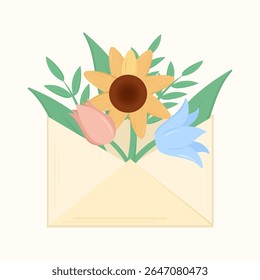 Vetor encantador de girassóis em um envelope de papel — perfeito para cartões de saudação, convites, embalagens e projetos de design luminosos e quentes