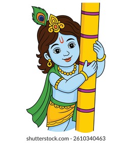 A charming vector-style illustration of Little Krishna, featuring his iconic flute and peacock feather. Set against a clean white background, this high-quality artwork