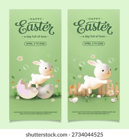 Charming vertical banner features a cute 3D rendered white Easter bunny jumping happily over a wooden fence in a bright green spring landscape with broken eggs and beautiful typography offering copy space for greetings.
