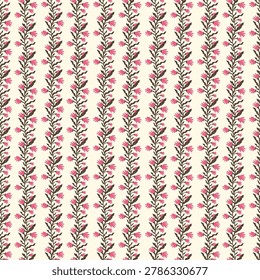 Charming vertical stripes of chocolate brown vines and romantic pink flowers on cream. Crafted for sweet cottage textiles, decor, and gift boxes.