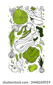 Charming vertical vegetable poster or clip art set. Hand-drawn in vibrant green hues, it adds a fresh touch to menu displays and restaurant ambiance. Made in vector for clean designs.