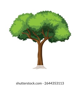 Uma charmosa e vibrante árvore de desenhos animados fica de pé, apresentando uma exuberante cobertura verde com vários tons para adicionar profundidade e textura. Seu tronco marrom resistente ramifica-se, apoiando a folhagem abundante.