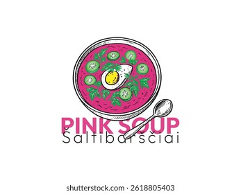 A charming and vibrant illustration of a pink soup served in a bowl, surrounded by fresh ingredients and delicate details.