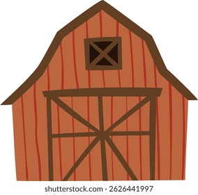 Encantador celeiro de aldeia em estilo de desenho animado plano. Edifício rural vermelho brilhante com grandes portas, isolado no fundo branco. Ilustração vetorial perfeita para crianças, fazendas e livros de histórias.