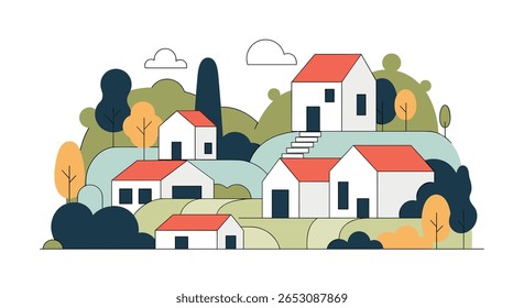 Charming Village Scene With Small Houses Nestled Among Green Hills and Autumn Trees A Beautiful Rural Landscape Illustration