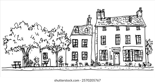 charming village street with houses and trees hand-drawn illustration