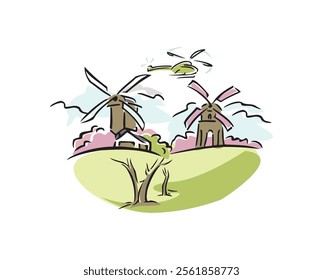 "Charming village vector illustration featuring cozy houses, lush greenery, and a serene countryside vibe. Perfect for backgrounds, posters, and storytelling designs."